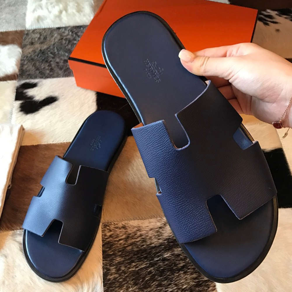 Hermes Izmir Sandals In Blue Saphir Epsom Calfskin