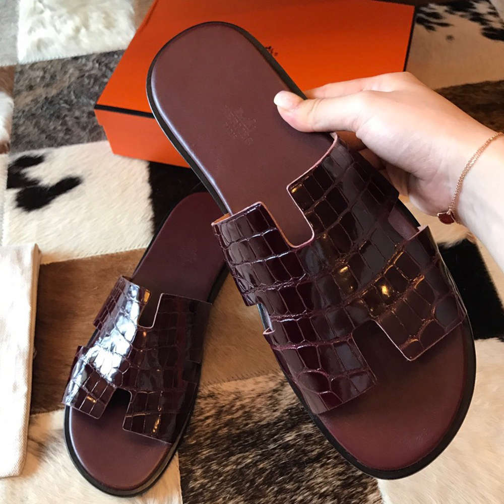 Hermes Izmir Sandals In Bordeaux Shiny Niloticus Crocodile Leather