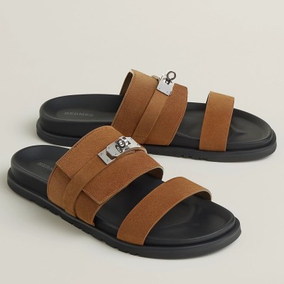 Hermes Jackson Sandal in Brown Suede Leather