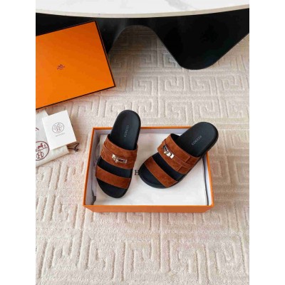 Hermes Jackson Sandal in Brown Suede Leather