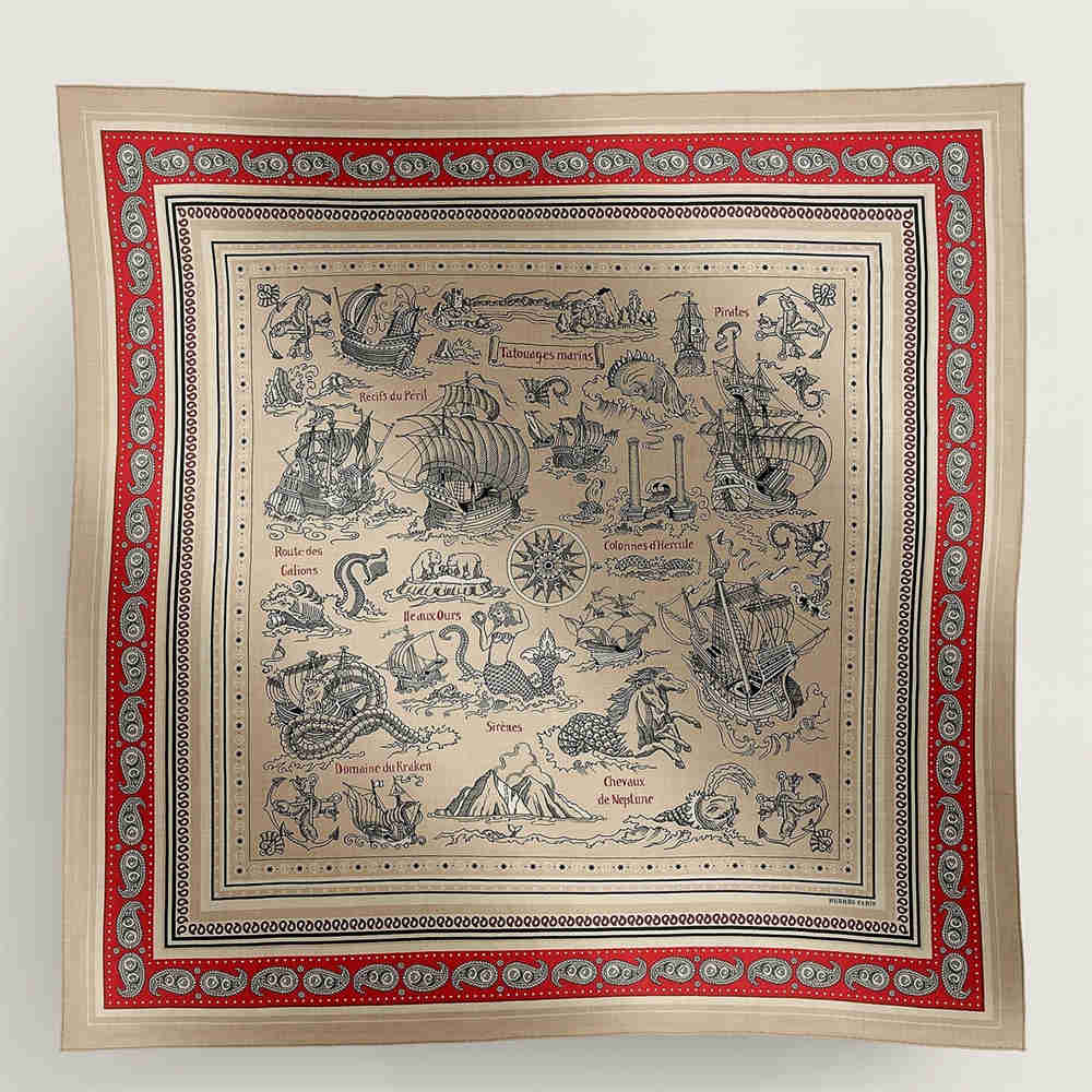 Hermes Naturel Tatouages Marins Bandana Shawl 140