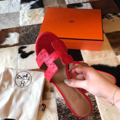 Hermes Oasis Slide Sandals 50mm In Red Ostrich Leather
