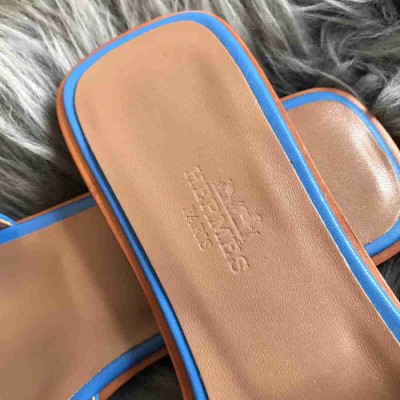 Hermes Oran Slide Sandals In Blue Swift Calfskin