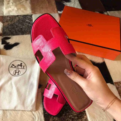Hermes Oran Slide Sandals In Red Lizard Leather