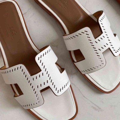 Hermes Oran Slide Sandals In White Swift Perforated Calfskin