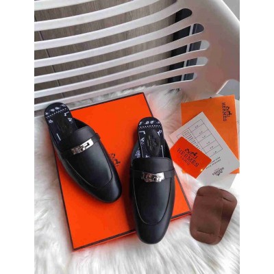 Hermes Oz Mules In Noir Calfskin