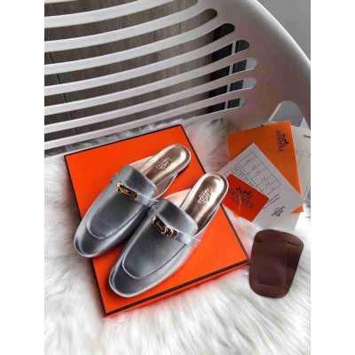 Hermes Oz Mules In Silver Metallic Calfskin