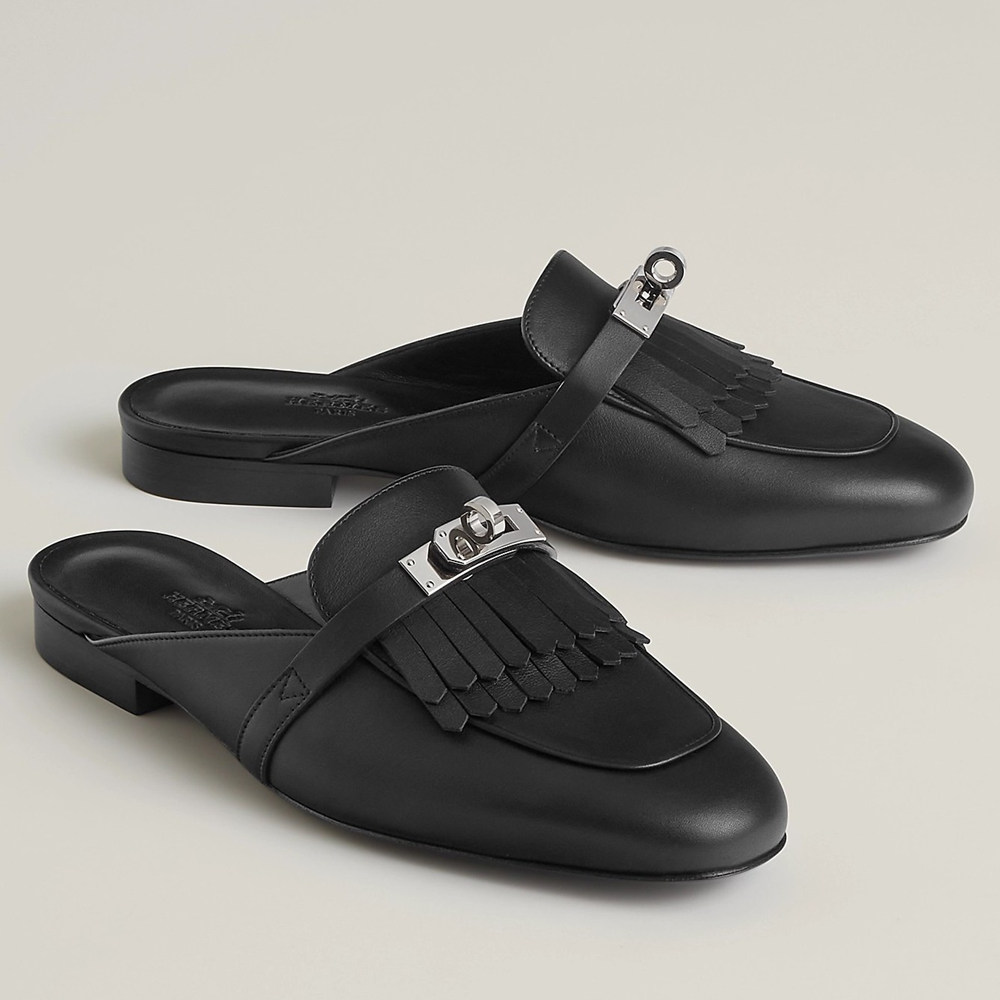 Hermes Oz Mules with Fringed in Black Leather