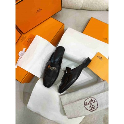 Hermes Oz Mules with Fringed in Black Leather