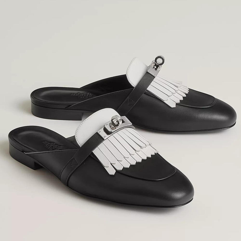 Hermes Oz Mules with Fringed in Black White Leather