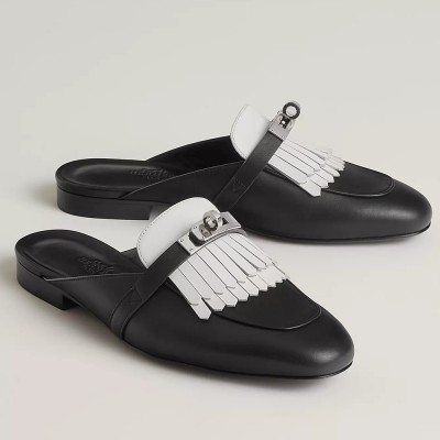 Hermes Oz Mules with Fringed in Black White Leather