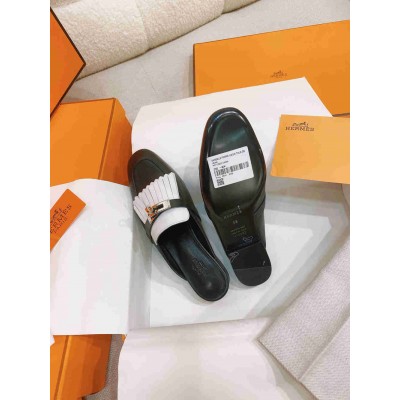 Hermes Oz Mules with Fringed in Black White Leather