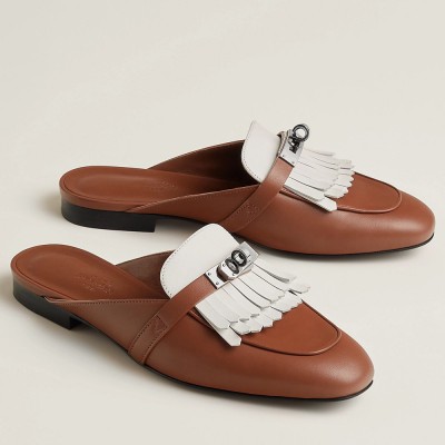 Hermes Oz Mules with Fringed in Brown White Leather