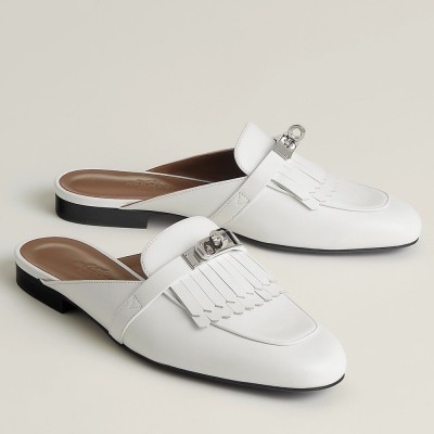 Hermes Oz Mules with Fringed in White Leather