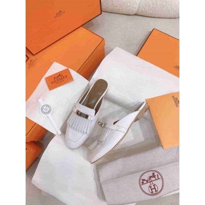 Hermes Oz Mules with Fringed in White Leather