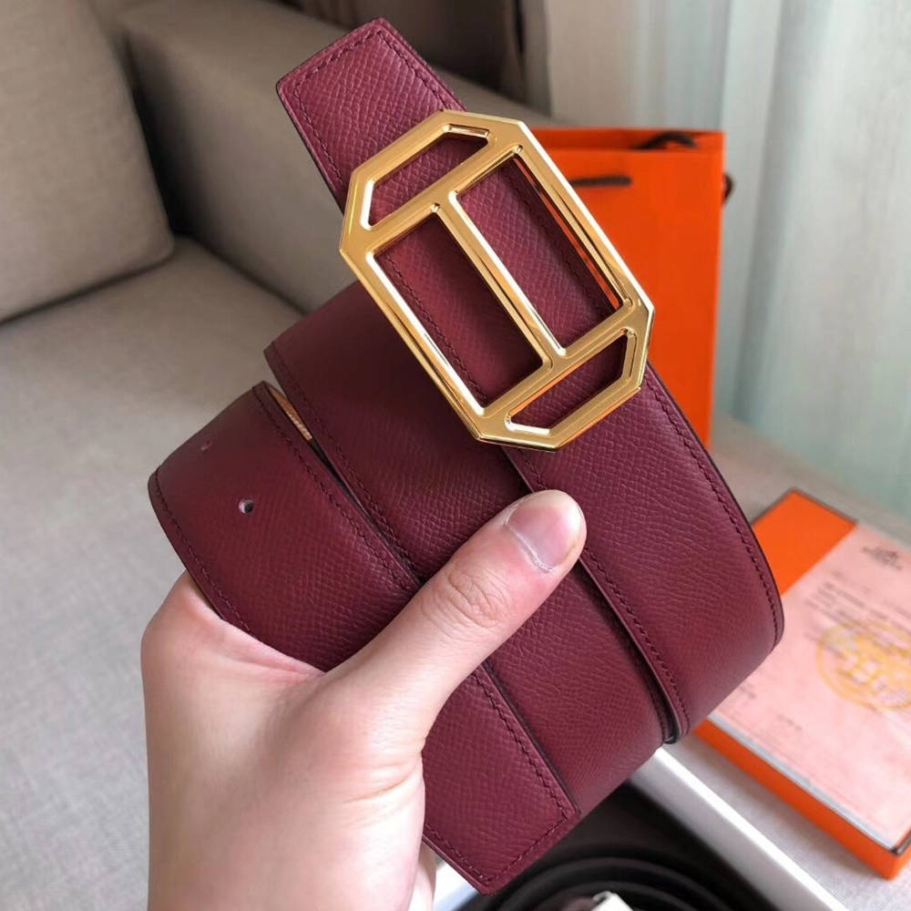 Hermes Pad Reversible Belt In Ruby Brown Epsom Leather