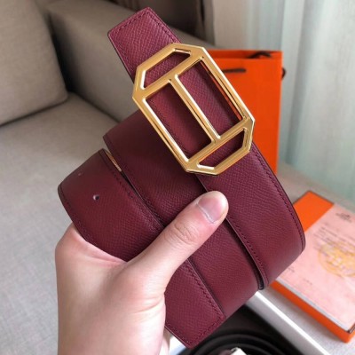 Hermes Pad Reversible Belt In Ruby Brown Epsom Leather