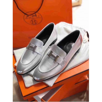 Hermes Paris Loafers In Silver Metallic Goatskin