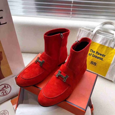Hermes Red Saint Honore Ankle Boots