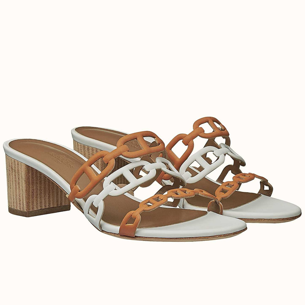 Hermes Tandem 50mm Sandals In Brown White Lambskin