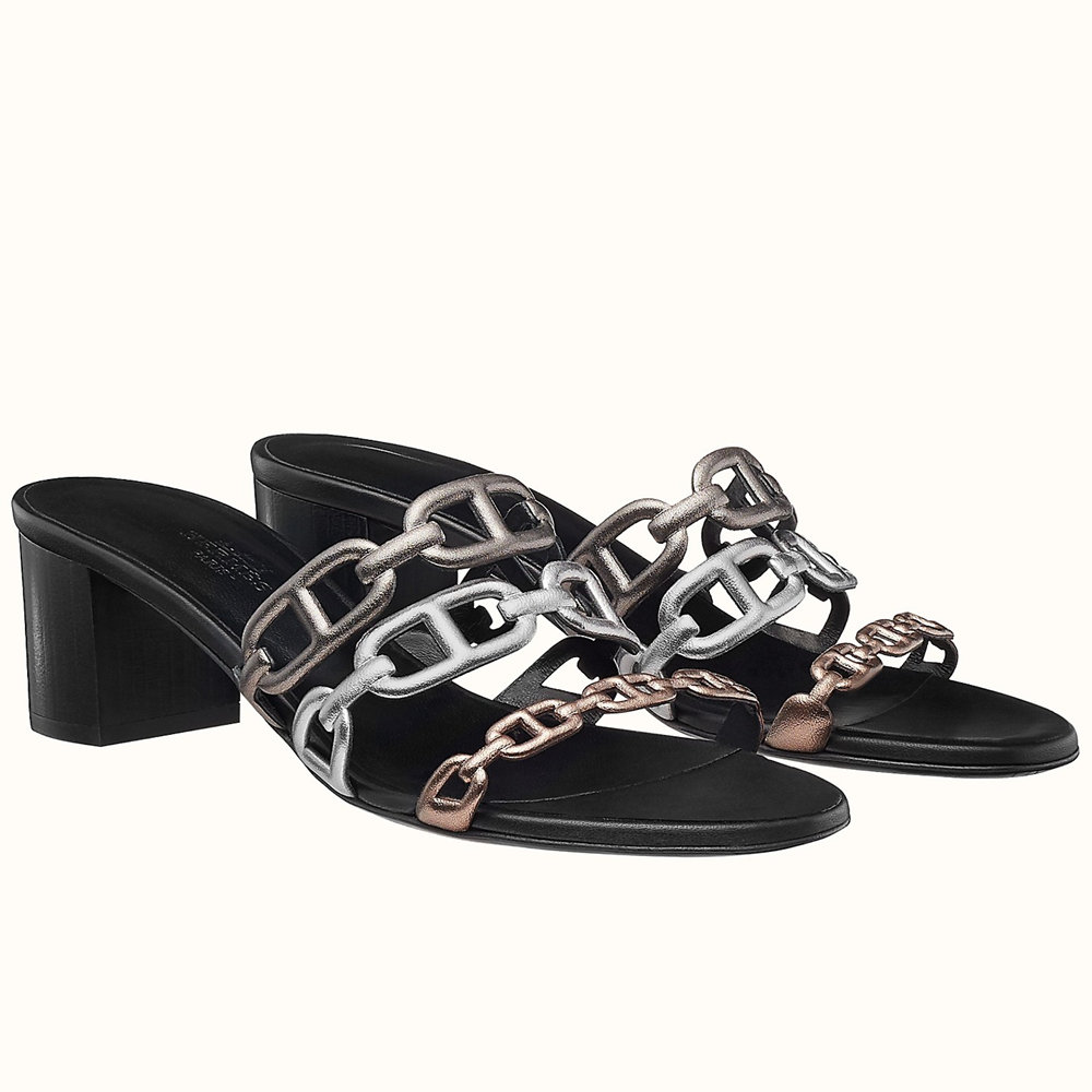 Hermes Tandem 50mm Sandals In Gold Silver Lambskin