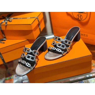 Hermes Tandem 50mm Sandals In Silver Metallic Calfskin