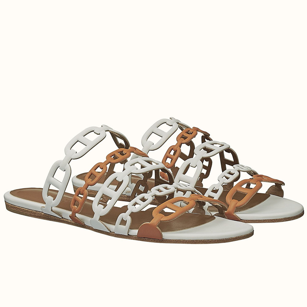 Hermes Thalassa Slide Sandals In Brown White Lambskin