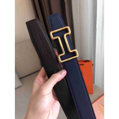 Hermes Tonight 38MM Reversible Belt In Navy Black Epsom Leather