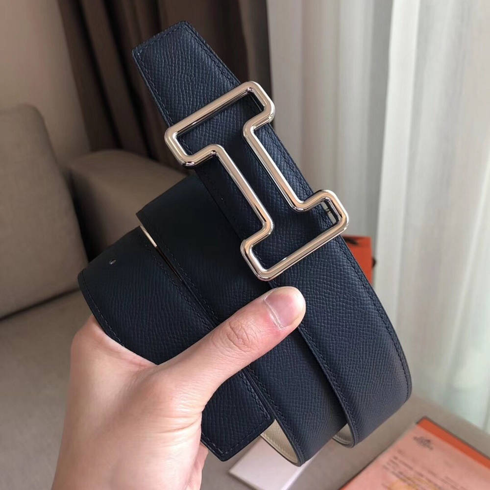 Hermes Tonight 38MM Reversible Belt In Navy White Epsom Leather