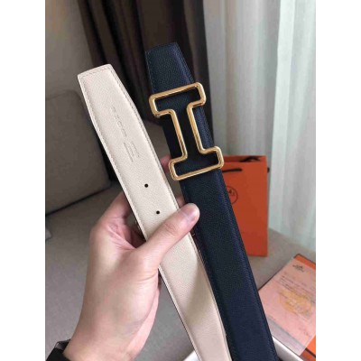 Hermes Tonight 38MM Reversible Belt In Navy White Epsom Leather