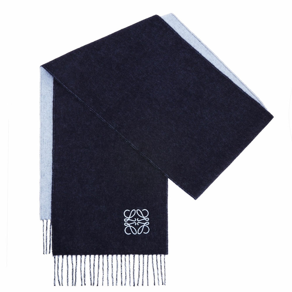 Loewe Double Face Scarf in Navy Light Blue Wool and Cashmere