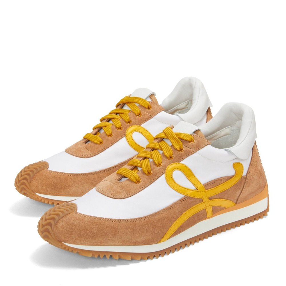 Loewe Flow Runner Sneakers in White Nylon and Tan Suede
