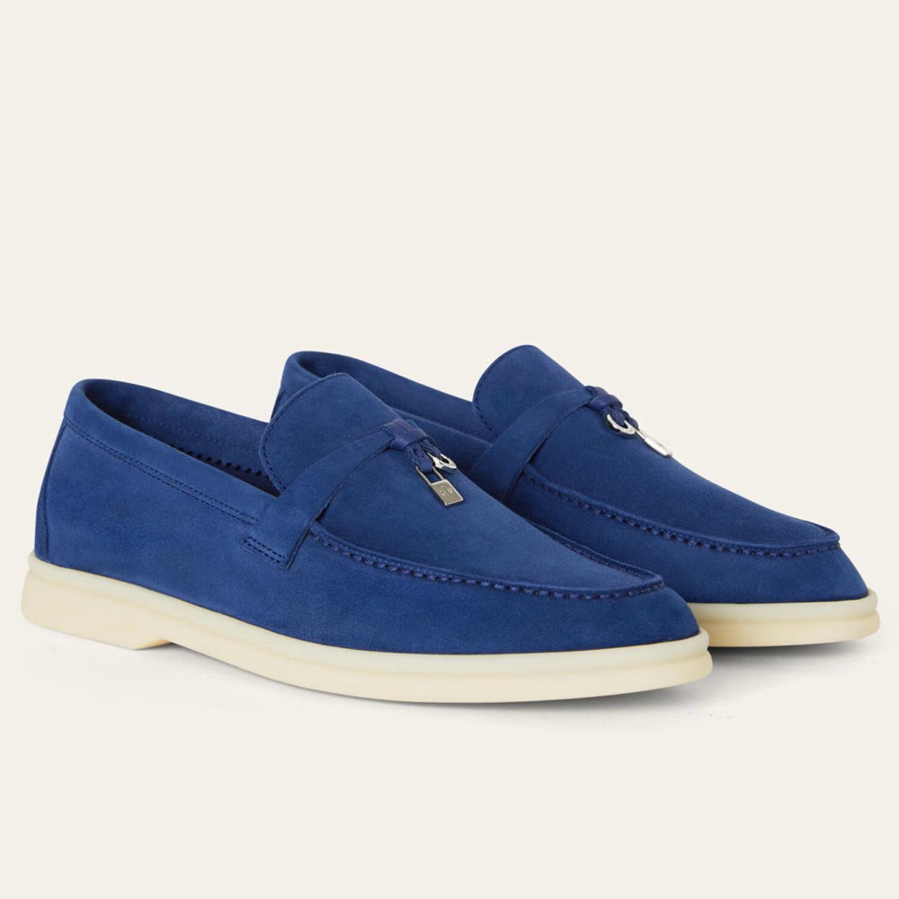 Loro Piana Summer Charms Walk Loafers in Blue Fluorite Suede Leather