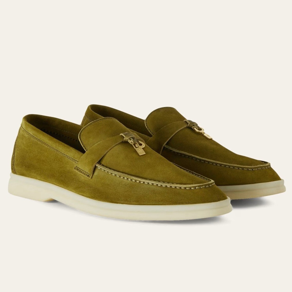 Loro Piana Summer Charms Walk Loafers in Olive Suede Leather