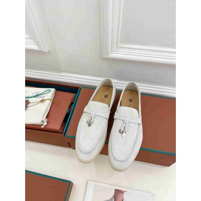 Loro Piana Summer Charms Walk Loafers in White Suede Leather