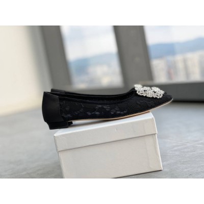 Manolo Blahnik Hangisi Flats In Black Lace with Crystal Buckle