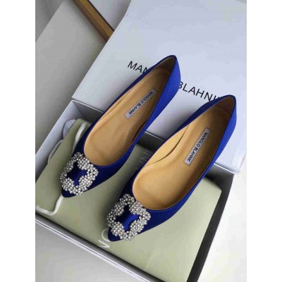 Manolo Blahnik Hangisi Flats In Blue Satin with Crystal Buckle