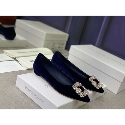 Manolo Blahnik Hangisi Flats In Blue Velvet with Crystal Buckle