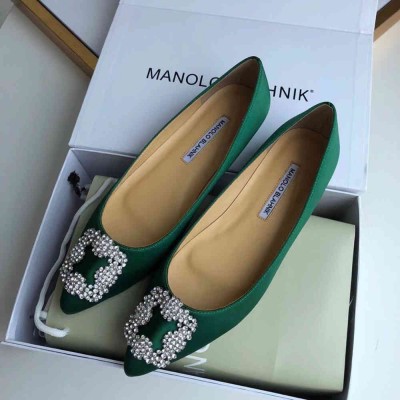 Manolo Blahnik Hangisi Flats In Green Satin with Crystal Buckle