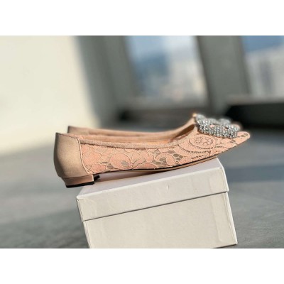 Manolo Blahnik Hangisi Flats In Nude Lace with Crystal Buckle