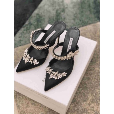 Manolo Blahnik Lurum Crystal 90mm Mules In Black Satin