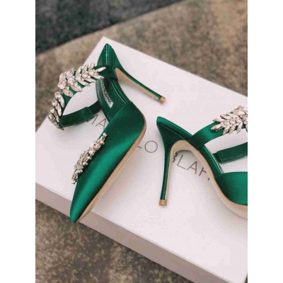 Manolo Blahnik Lurum Crystal 90mm Mules In Green Satin