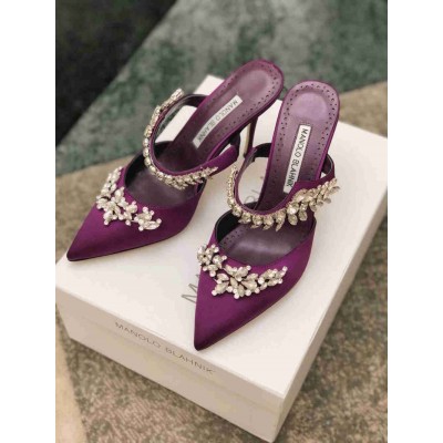 Manolo Blahnik Lurum Crystal 90mm Mules In Purple Satin