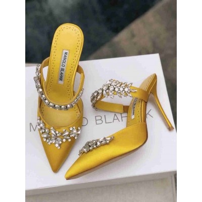 Manolo Blahnik Lurum Crystal 90mm Mules In Yellow Satin