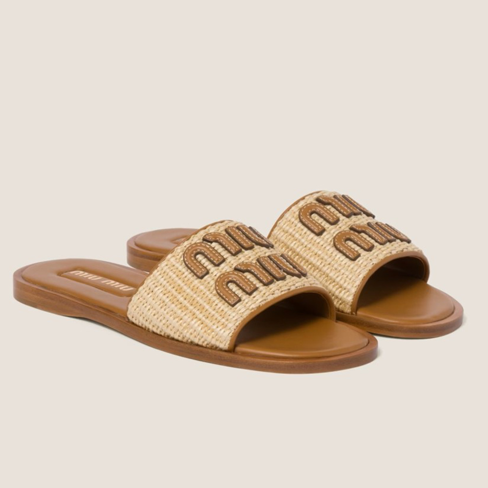 Miu Miu Slides in Beige Raffia-effect Woven Fabric