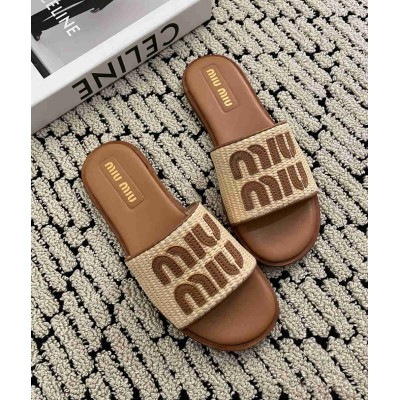 Miu Miu Slides in Beige Raffia-effect Woven Fabric