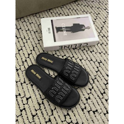Miu Miu Slides in Black Raffia-effect Woven Fabric