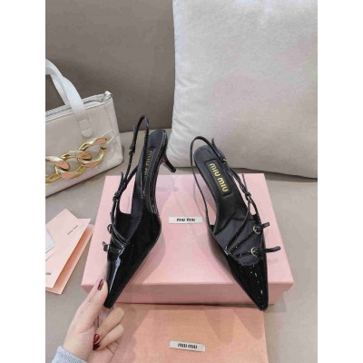 Miu Miu Slingback Pumps 55mm in Black Patent Leather with Buckles