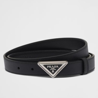 Prada Triangular Buckle Belt 25MM in Black Saffiano Leather