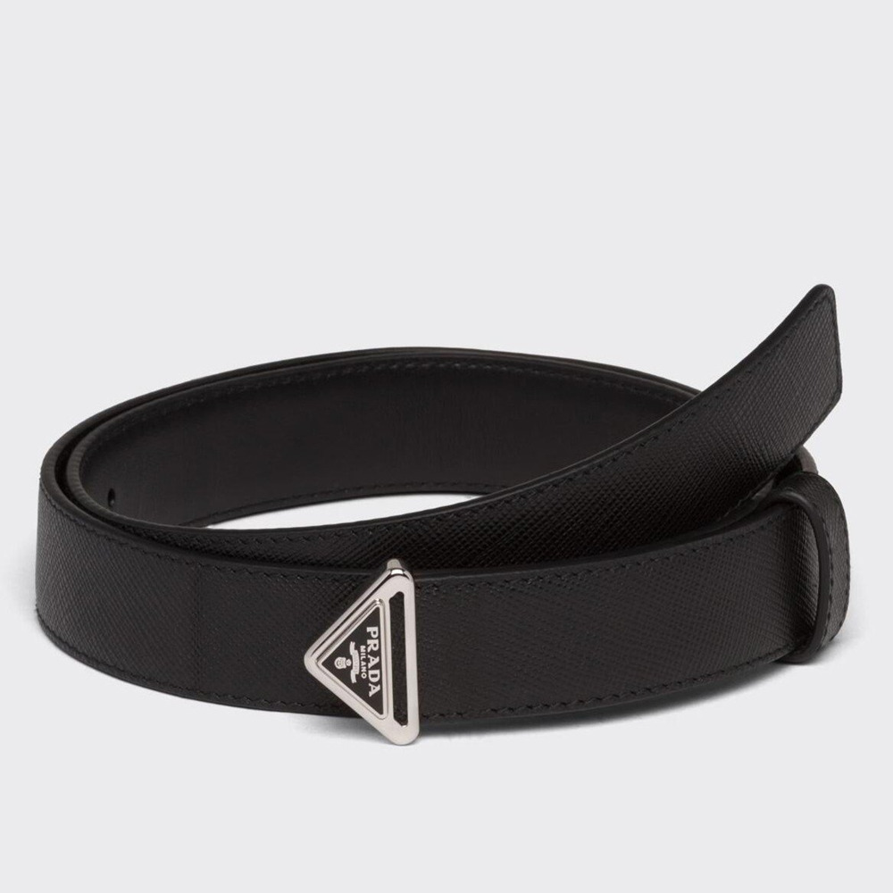 Prada Triangular Buckle Belt 30MM in Black Saffiano Leather